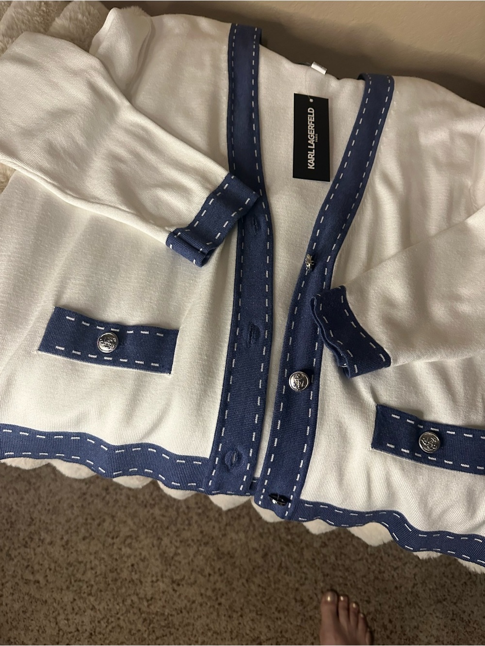 Karl Lagerfeld White Cardigan with Blue Trim